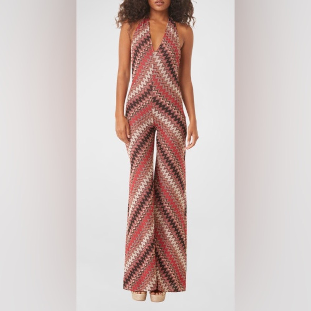 Misa Los Angeles Zigzag Halter Jumpsuit in Red, Black & Cream